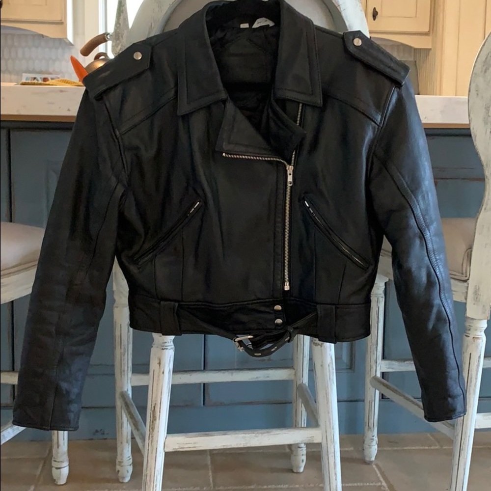 Cropped genuine leather Motorcycle Jacket